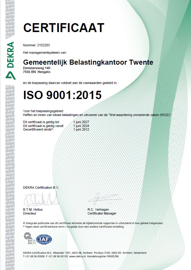 Afbeelding van het ISO certificaat van GBTwente
